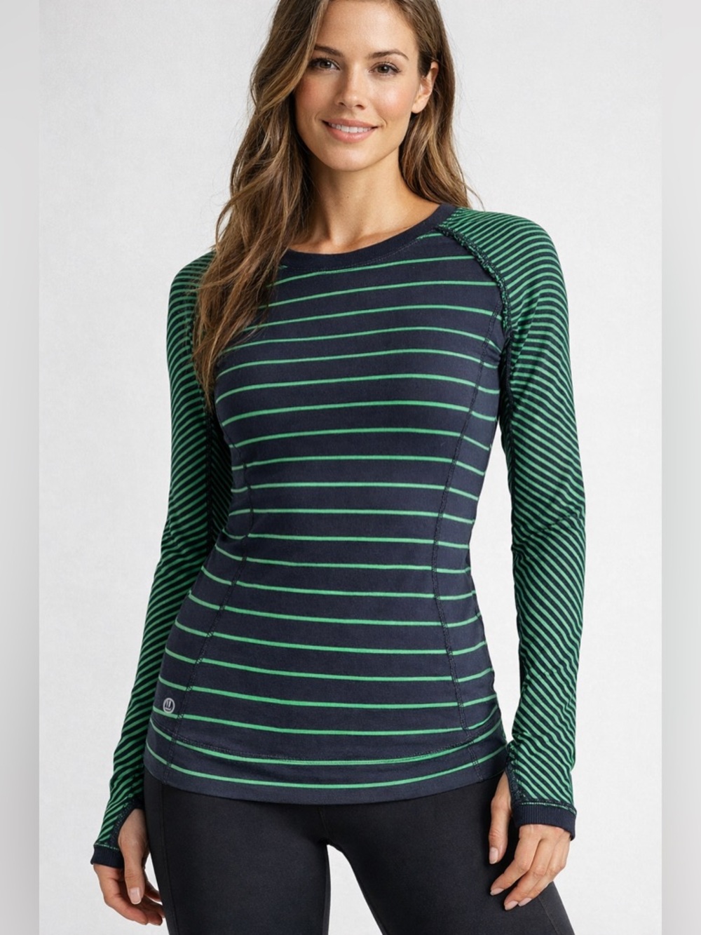 Lululemon Slalom Stripe Inkwell Navy Green LS Full Tilt Shirt Sz 6 no tags lace